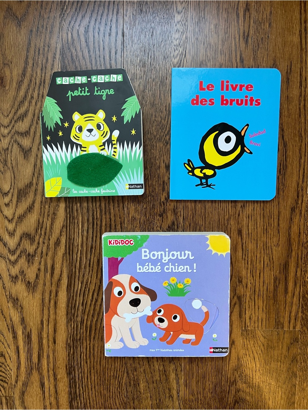 3 French Board Books - Bonjour Bébé Chien! Petit tigre et Le livre des bruits